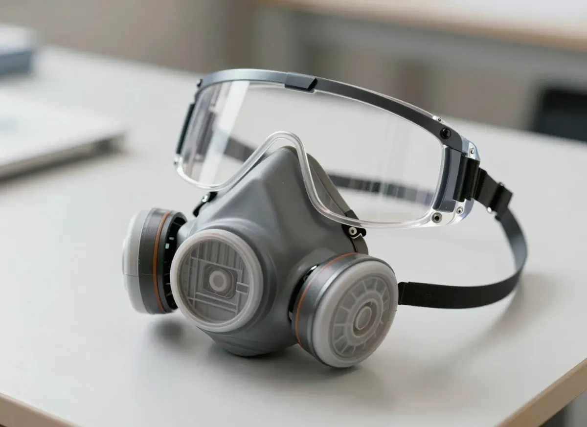 Atemschutz-Halbmaske mit zwei Filtern und eine Schutzbrille liegen auf einem hellen Arbeitstisch