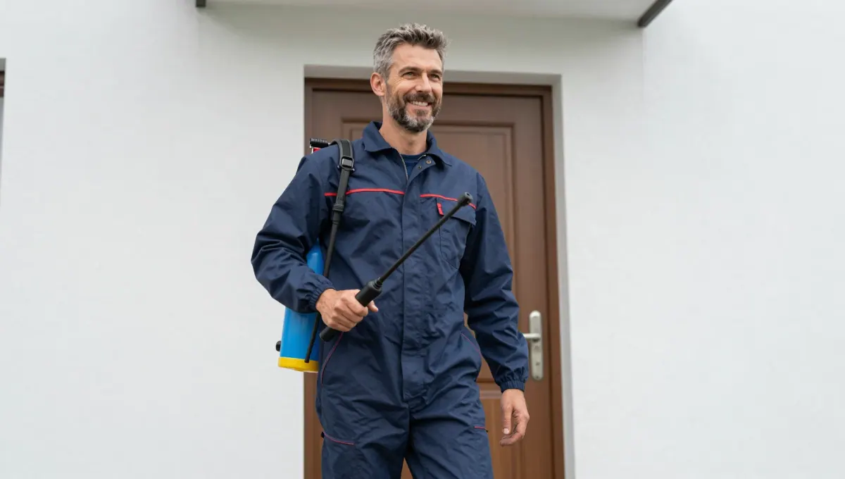 Schädlingsbekämpfer mit Drucksprühgerät steht vor der Haustür eines Wohnhauses und hält die Sprühlanze