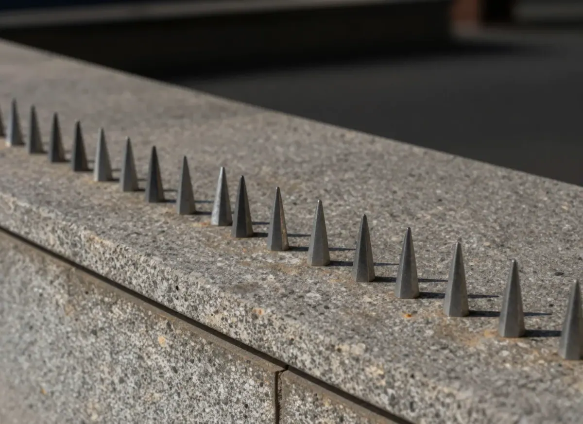 Einreihige Metallspikes zur Taubenabwehr entlang einer Betonbrüstung im Sonnenlicht